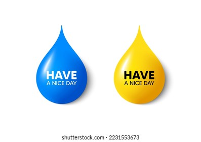 Paint drop 3d icons. Have a nice day tag. Happy holiday offer. Chill wish message. Yellow oil drop, watercolor blue blob. Holiday promotion. Vector