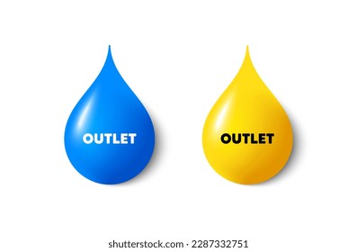 Paint drop 3d icons. Outlet tag. Special offer price sign. Advertising discounts symbol. Yellow oil drop, watercolor blue blob. Outlet promotion. Vector