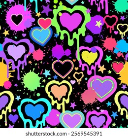 Paint drops and bright hearts blots. Seamless vector pattern