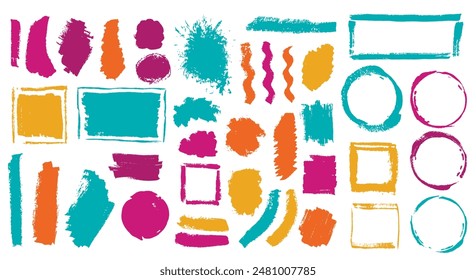 Paint dust brushstroke mega pack. Hand drawn border box bold elements. Inkblot splash web banner stencil batch. Brushstroke paint blots design.