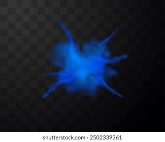 Paint dust explosion realistic vector illustration. Blue powder cloud explosion with smoke. Splash or spray of flour or sand with particles. Dusty burst with steam isolated on transparent background