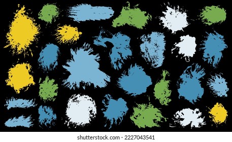 Paint dye brush stroke vector pack. Freehand smudge blotch special elements. Drop stain sale banner stencil bundle. Daub gouache spots drawing.