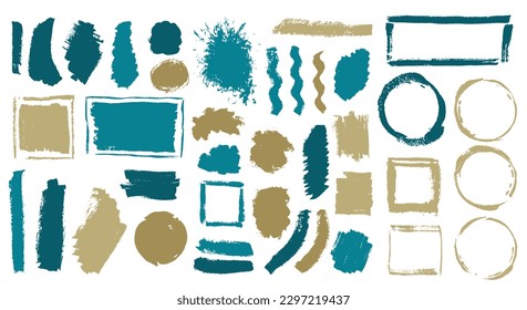 Paint dye brush stroke vector pack. Freehand border box scrawl elements. Smear blot sale sticker imprint group. Daub gouache blots drawing.