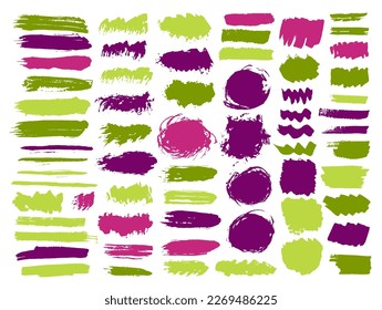 Paint dye brushstroke vector batch. Freehand inkblot streak fluid elements. Dab blot textured label stencil set. Daub watercolor blots design.