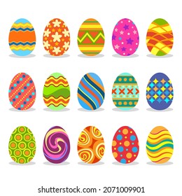 Pintar huevos de Pascua. Dibujo primaveral conjunto de óvulos de popa aislados en fondo blanco, colección de óvulos coloreados de abril plano colorido para niños diseño de decoración vectorial ilustración