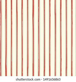 Paint effect Christmas stripe design in red and green. Seamless geometric vector pattern on cream white background. Great for celebration, winter products, fabric, stationery, gift wrap, packaging.