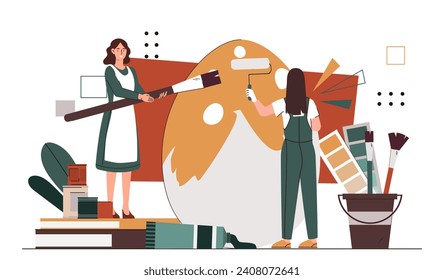 Paint egg for Easter day. Two women with palette and paintings. Traditional spring holiday and festival. Greeting postcard template. Cartoon flat vector illustration isolated on white background