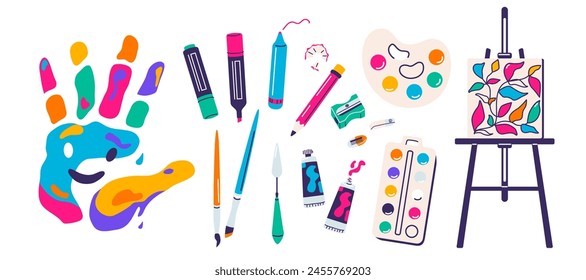 Elementos de pintura, Ilustración vectorial de herramientas de pintura. Arte suministra tubos de pintura, caballete con pintura, pinceles, lápices, acuarela, paleta, impresión de palma de color, marcador, afilador aislado en blanco.