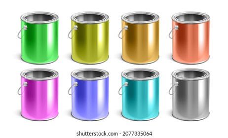 Paint Empty Buckets Multicolor Packages Set Vector. Blank Multicolored Steel Paint Containers For Painting Liquid. Artist Accessories For Drawing Template Realistic 3d Illustrations