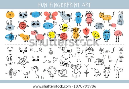 Paint with finger prints. Kids fingerprint learning art game and quiz worksheet with characters. Education drawing for children vector sheet. Preschool or nursery funny activity for painting