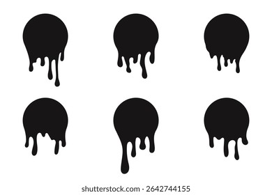 Symbolsatz für den Malfluss. Farbe tropft nach unten. Schwarzer Tropfölfleck, Schmelztropfen und Flüssigkeit. Vektorgrafik