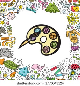 Paint and frame of child drawing. Vector illustration