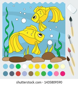 paint game for children, goldfish with color samples and eraser. Learning to draw kids