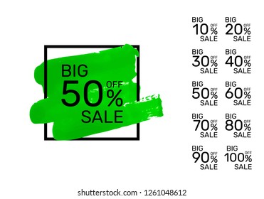 Paint green banner, collection off with share discount percentage. Vector illustration