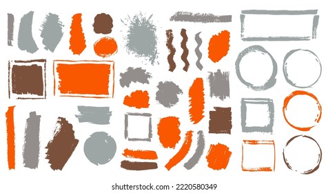 Paint grunge brushstroke mega collection. Hand drawn border box stylish elements. Splatter spot textured banner imprint group. Brushstroke watercolor spots drawing.