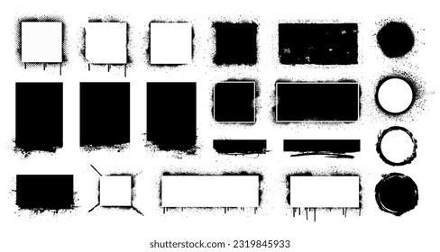 Dibujar composiciones de marco de pistolas para cuadros de texto. Textura artística de graffiti para información de texto. Elementos rectangulares de fondo sucio, pinta las llamadas para la plantilla de voz del cuadro de comillas. Juego de spray de marcos