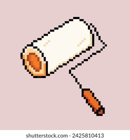 Paint hand roller with orange handle. Pixel bit retro game styled vector illustration drawing. Simple flat cartoon drawing isolated on square background.