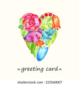 Paint heart. Birthday card with colorful floral heart. Love decoration. Valentine card.