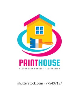Paint house - concept logo template vector illustration in flat style. Paintbrush and cottage sign abstract creative symbol. Real estate icon. Graphic design element. 