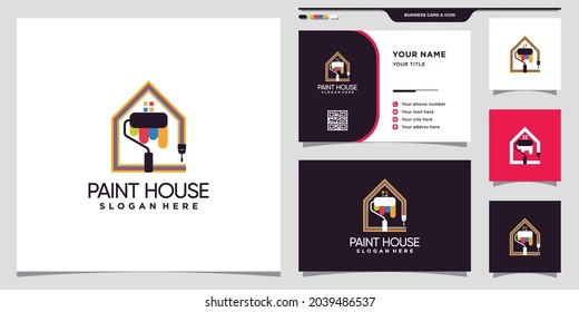 Paint house logo with roller, brush and unique concept and business card design Premium Vector