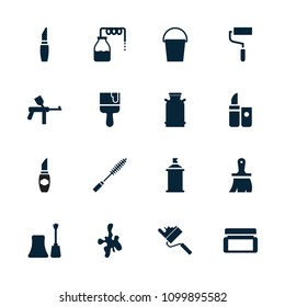 Paint icon. collection of 16 paint filled icons such as canister, nail polish, lipstick, brush, roller, bucket, cream box. editable paint icons for web and mobile.