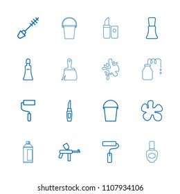 Paint icon. collection of 16 paint outline icons such as mascara, cream tube, nail polish, lipstick, roller, bucket, canister, splash. editable paint icons for web and mobile.