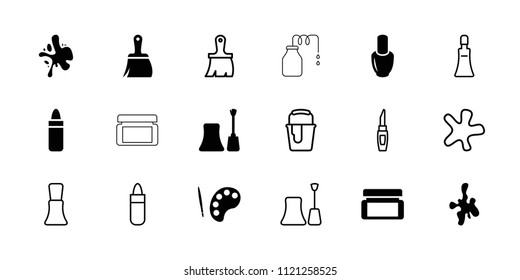 Paint icon. collection of 18 paint filled and outline icons such as nail polish, lipstick, palette, cream tube, splash, brush. editable paint icons for web and mobile.