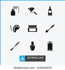 Paint icon. collection of 9 paint filled icons such as nail polish, mascara, palette, canister, cream box, cream tube. editable paint icons for web and mobile.