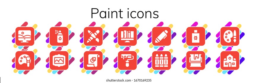 paint icon set. 14 filled paint icons. Included Photoshop, Color palette, Paint spray, Painting, Graphic design, Roller, Pen, Crayon, Spray, Palette, School icons