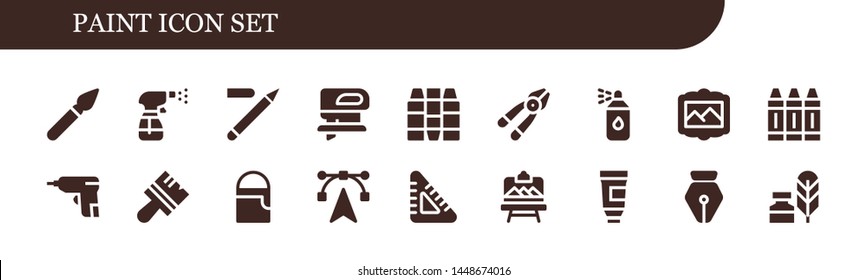 paint icon set. 18 filled paint icons.  Collection Of - Paint brush, Spray, Eyeliner, Fretsaw, Crayons, Plier, spray, Painting, Crayon, Caulk gun, Brush, bucket, Edit tools