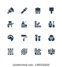 paint icon set. Collection of 16 filled paint icons included Graphic design, Pantone, Holi, Design, Rgb, Printing, Paint roller, palette, Nail polish, Palette, Aerosol, Paintball
