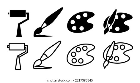 Paint Icon Set In Flat Style Vector Illustration. Paintbrush, Color Palette, Roller Brush, Art, Artist, Creativity Symbols