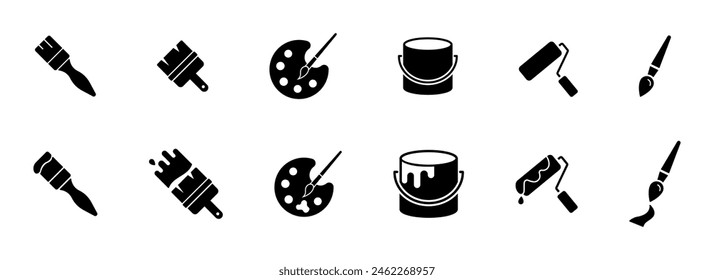 Paint icons. Painting tools solid icon set. Paintbrush, palette, roller, silhouette icons. Vector