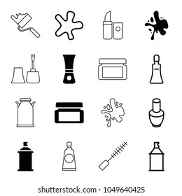 Paint icons. set of 16 editable filled and outline paint icons such as spray paint, nail polish, cream tube, splash, cream box, canister, lipstick, mascara