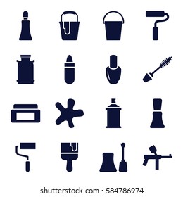 paint icons set. Set of 16 paint filled icons such as canister, nail polish, cream box, lipstick, mascara, cream tube, splash, roller, paint bucket