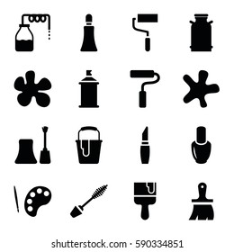 paint icons set. Set of 16 paint filled icons such as canister, nail polish, mascara, cream tube, lipstick, splash, brush, roller, paint bucket