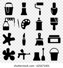 Paint icons set. set of 16 paint filled icons such as canister, nail polish, cream box, lipstick, splash, brush, roller, paint bucket, bucket