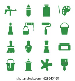 Paint icons set. set of 16 paint filled icons such as canister, nail polish, cream box, lipstick, cream tube, splash, brush, paint bucket, bucket