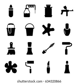 Paint icons set. set of 16 paint filled icons such as canister, nail polish, lipstick, mascara, cream tube, splash, brush, roller, paint bucket