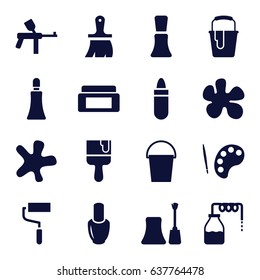 Paint icons set. set of 16 paint filled icons such as canister, nail polish, cream box, lipstick, cream tube, splash, brush, roller, paint bucket, bucket