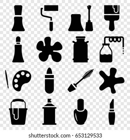 Paint icons set. set of 16 paint filled icons such as canister, nail polish, lipstick, mascara, cream tube, splash, roller, paint bucket