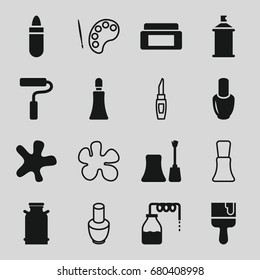 Paint icons set. set of 16 paint filled and outline icons such as canister, nail polish, cream box, lipstick, cream tube, splash, paint brush