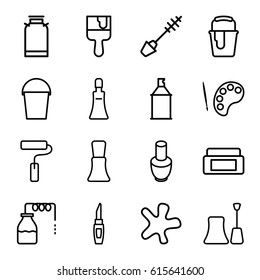 Paint icons set. set of 16 paint outline icons such as canister, nail polish, cream box, mascara, cream tube, lipstick, splash, bucket