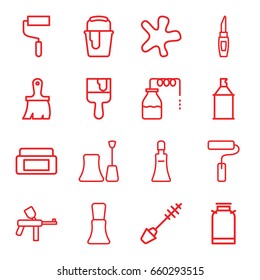 Paint icons set. set of 16 paint outline icons such as canister, cream box, mascara, cream tube, nail polish, lipstick, splash, brush, roller