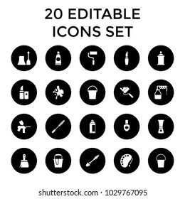 Paint icons. set of 20 editable filled paint icons such as canister, mascara, nail polish, lipstick, roller, bucket, cream tube. best quality paint elements in trendy style.