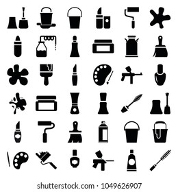 Paint icons. set of 36 editable filled paint icons such as canister, nail polish, cream box, lipstick, mascara, cream tube, splash, brush, roller, paint bucket, palette