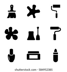 paint icons set. Set of 9 paint filled icons such as nail polish, cream box, lipstick, splash, brush, roller, paint roller