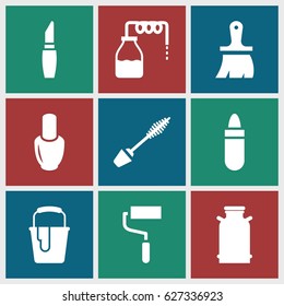 Paint icons set. set of 9 paint filled icons such as canister, nail polish, lipstick, mascara, brush, roller