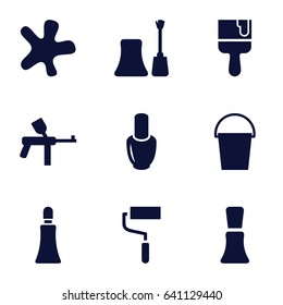 Paint icons set. set of 9 paint filled icons such as nail polish, cream tube, splash, roller, paint brush, bucket