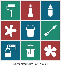 Paint icons set. set of 9 paint filled icons such as canister, lipstick, mascara, cream tube, splash, roller, paint bucket, bucket